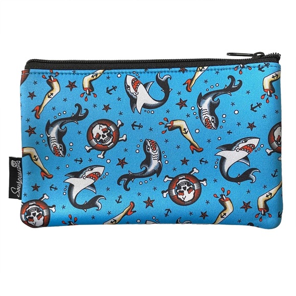 SHARK BITE NEOPRENE MAKEUP / PENCIL CASE ZIP POUCH NEW sourpuss beach storage - Picture 2 of 5